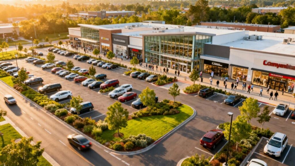 Aerial view of a bustling retail shopping center