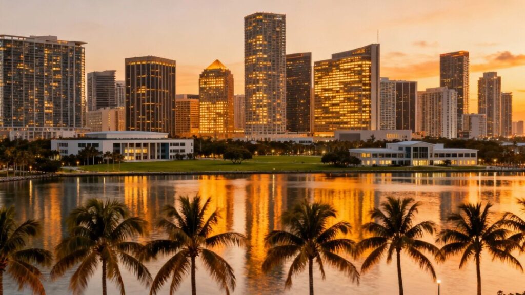 Miami skyline and bay at sunset.