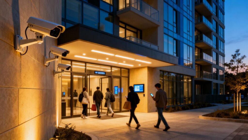 Apartment building with security cameras and residents entering