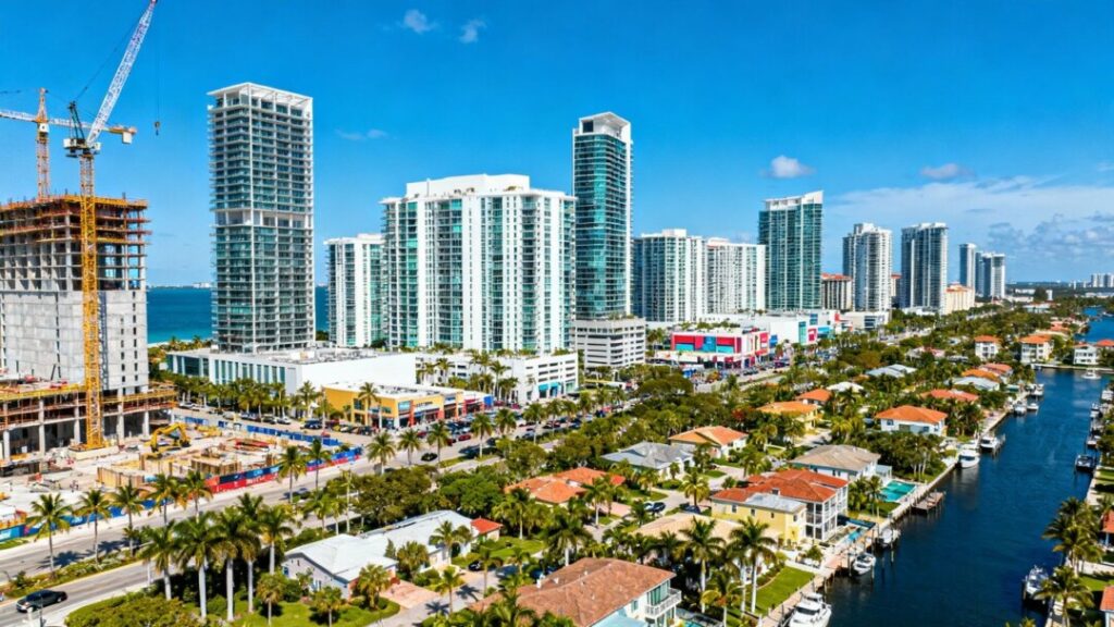 Florida city skyline with condos, cranes, and palm trees