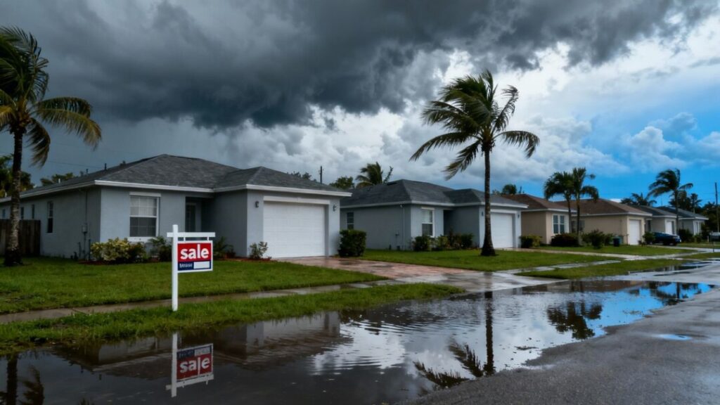 Flooded Florida homes with for sale sign and storm clouds