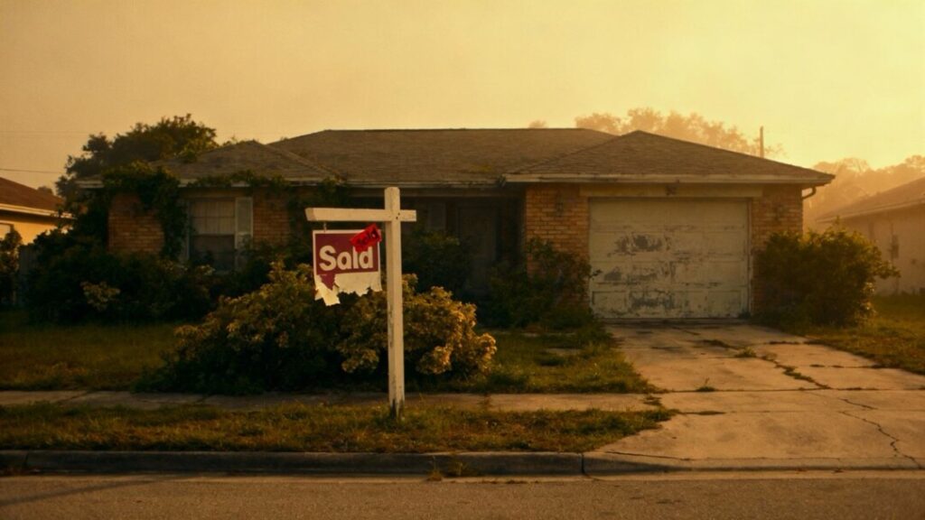 Florida house with peeling 'Sold' sticker, uncertain sky.