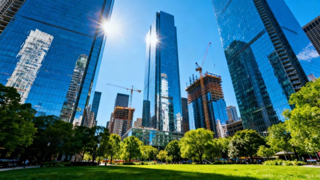 Miami skyline with new park development and skyscrapers.