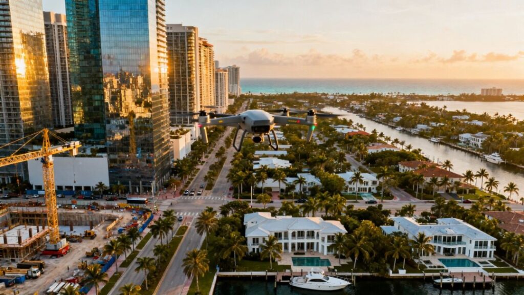 South Florida skyline with skyscrapers and ocean.