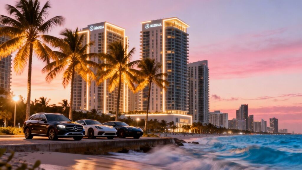 Miami branded condo towers along oceanfront at sunset