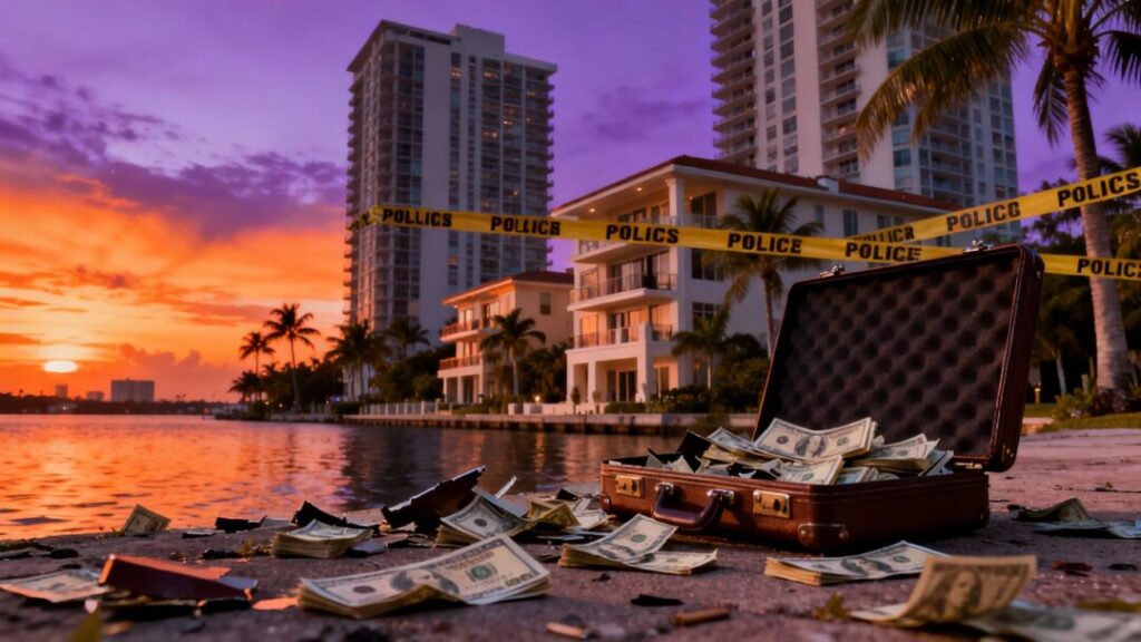 Police tape across Florida condos and cash on ground