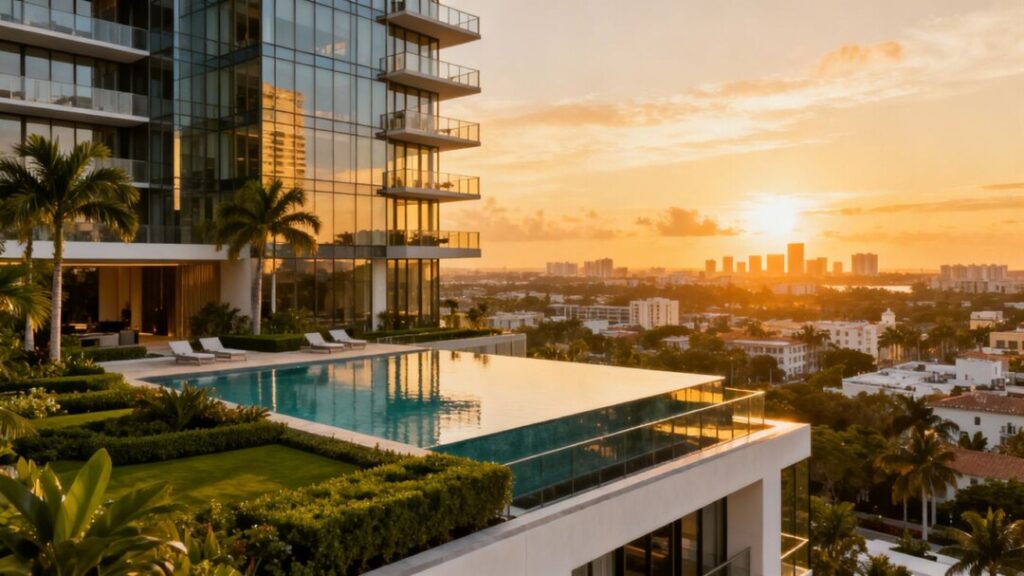 Modern luxury condo tower with rooftop pool and gardens