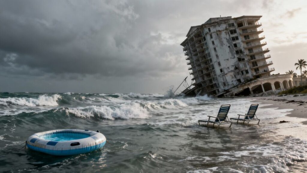 South Florida coast with sinking condo, empty beach, and choppy waters.