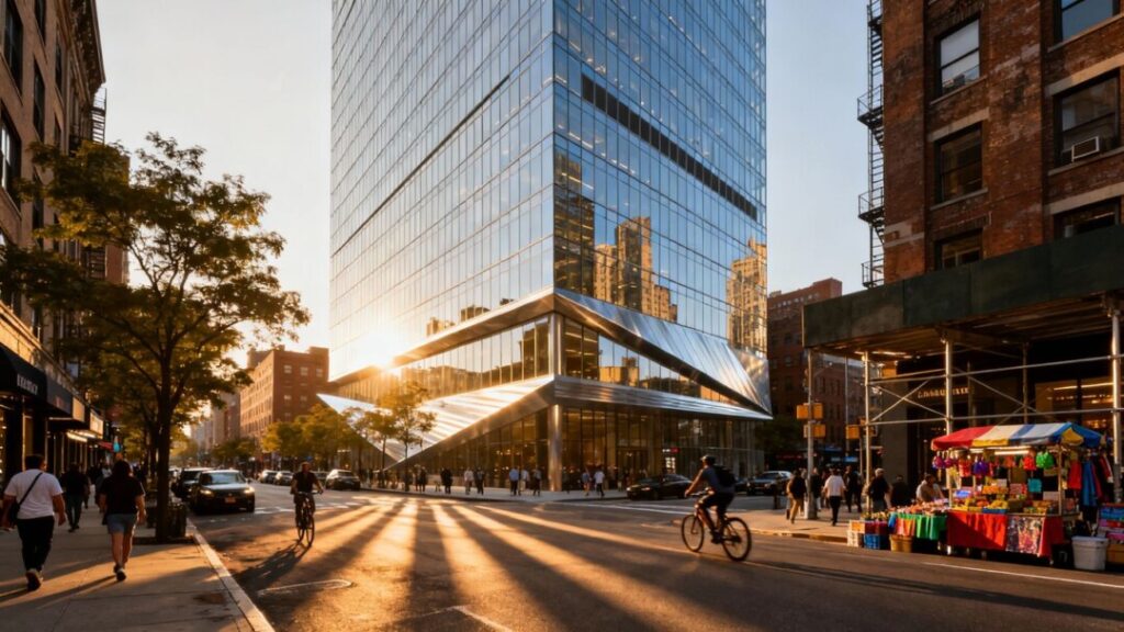 Meatpacking District office building with street activity.