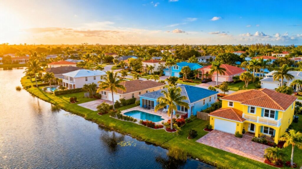 Aerial view of South Florida homes and palm trees.