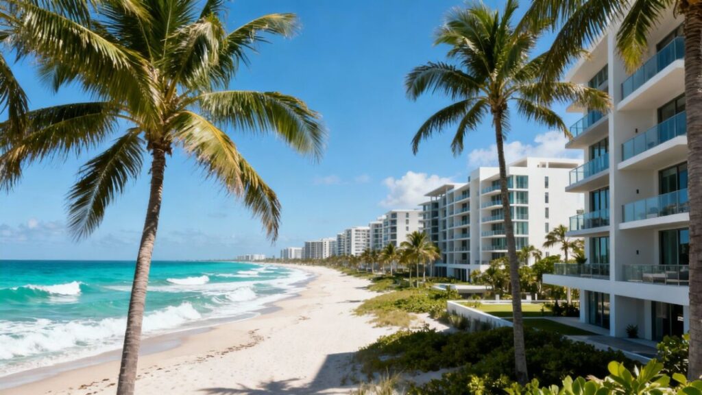 Oceanfront condos on a sunny day.