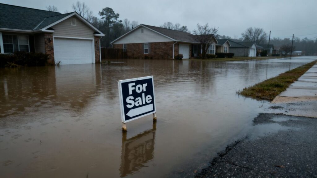 Flooded homes and a submerged 'For Sale' sign.