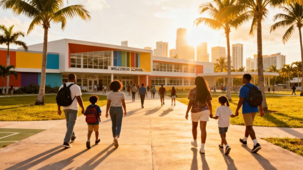 Miami families heading to school under sunny skies.