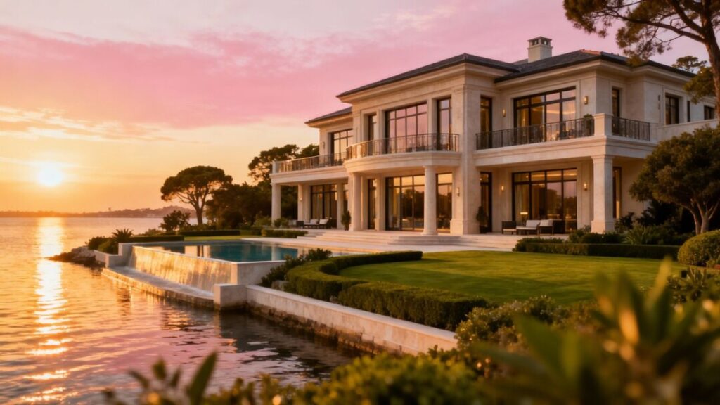 Luxury waterfront mansion at sunset