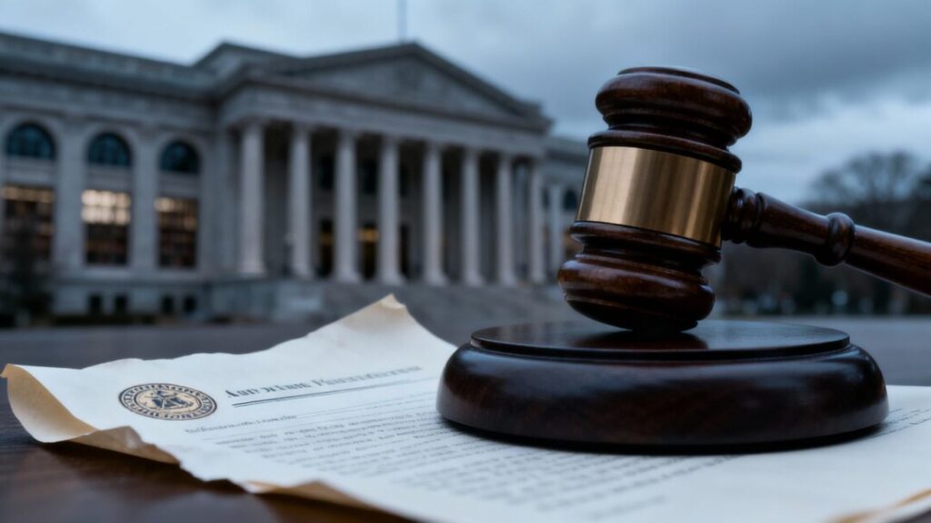 Gavel on document near courthouse building.