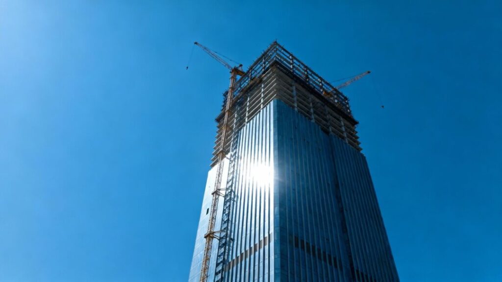 600 Miami Worldcenter Reaches Milestone: Tower Tops Off Just 18 Months Post-Groundbreaking Modern skyscraper tops off construction, Miami skyline.