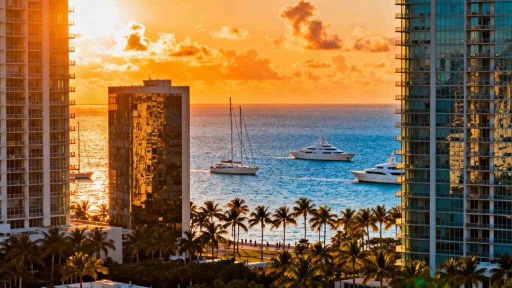Miami skyline with skyscrapers and ocean view.