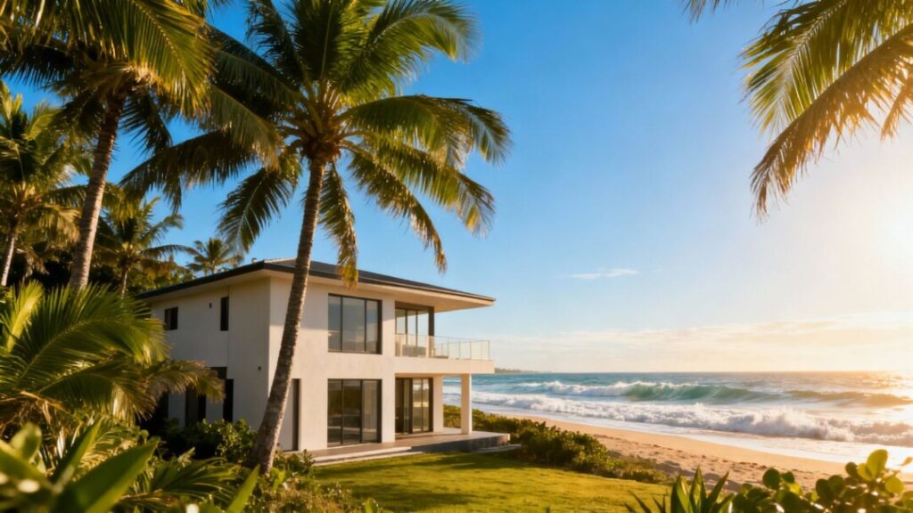 Florida coast with house and palm trees.