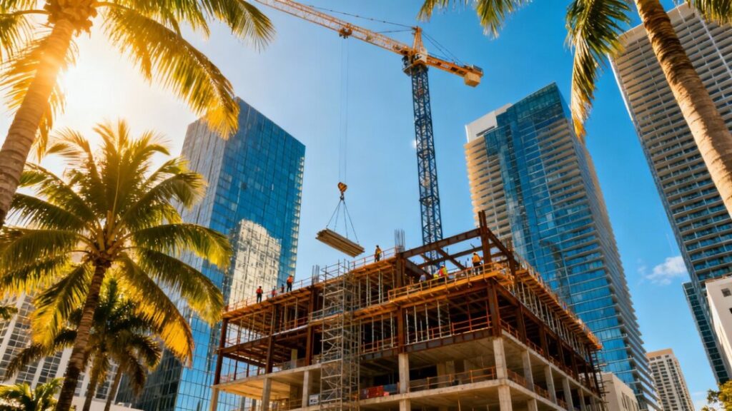 Florida city skyline with cranes and palm trees