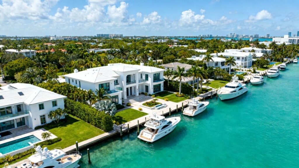Miami luxury waterfront mansions with yachts and clear blue water.