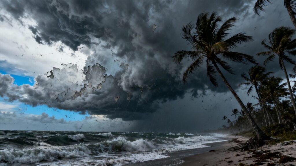 Florida coast with storm clouds and turbulent ocean.