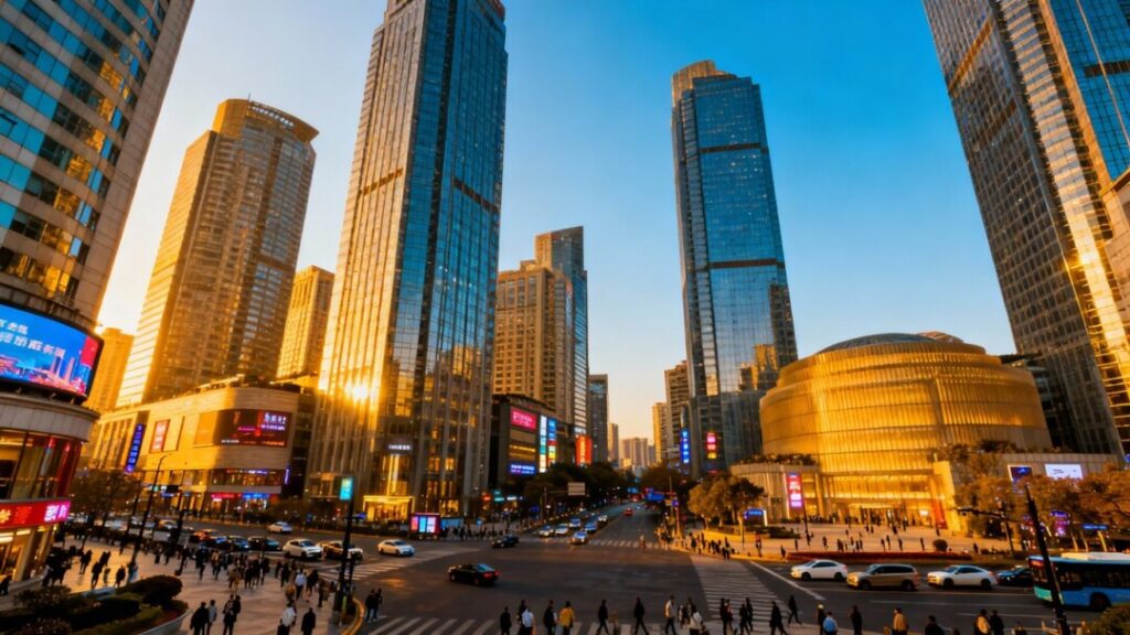 Florida cityscape with modern commercial buildings and blue sky.
