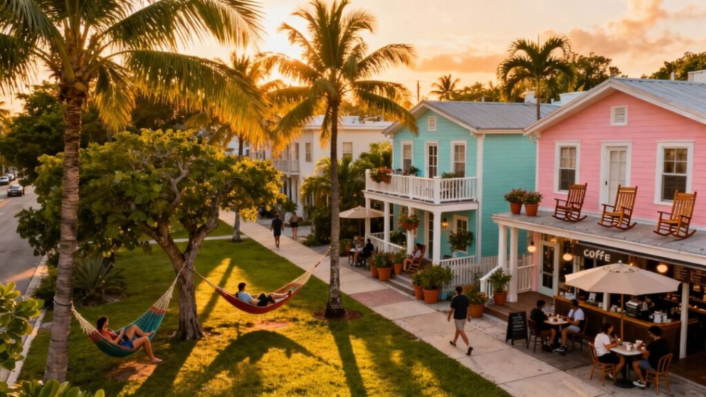 Cozy Miami neighborhood with palm trees and colorful homes