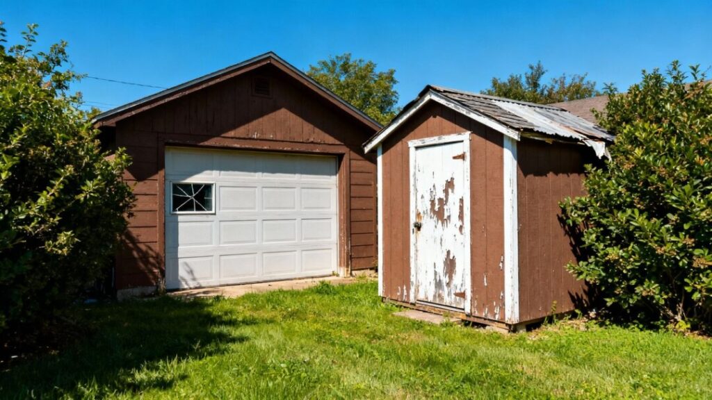 Detached garage and small shed with visible minor disrepair