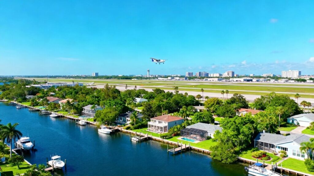Waterfront neighborhood near Tampa airport with docks and boats