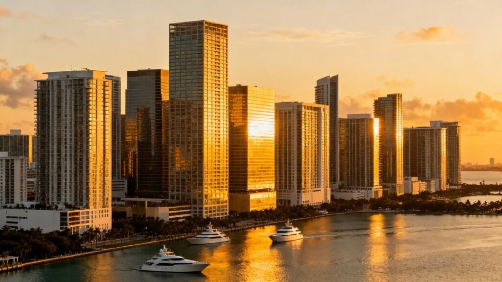Miami skyline with modern skyscrapers and yachts.