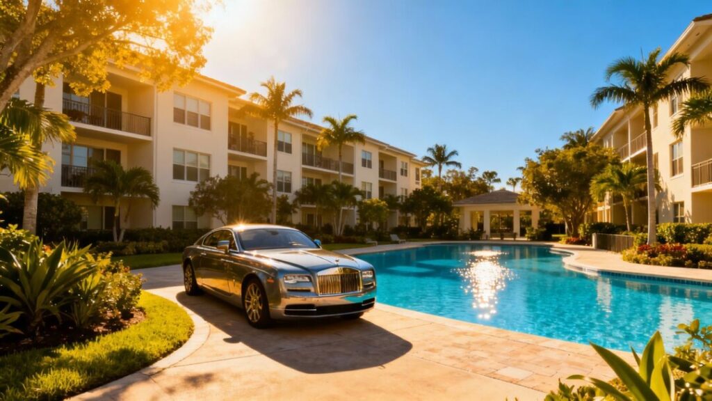 Florida apartment complex with pool and luxury car.
