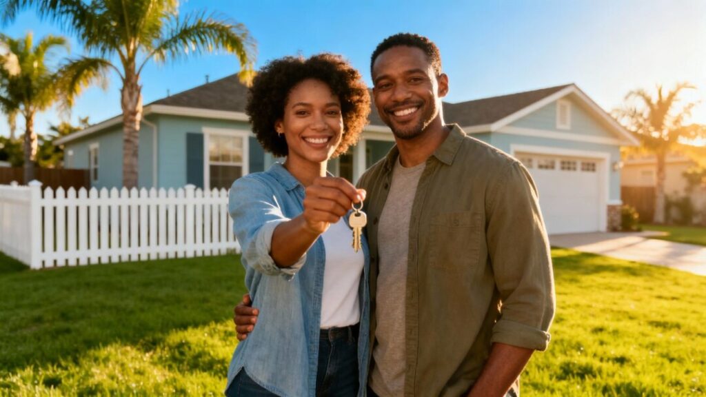 Couple holding keys in front of a new home.
