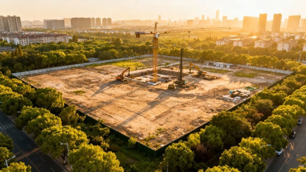 Broward development site with construction cranes and trees.