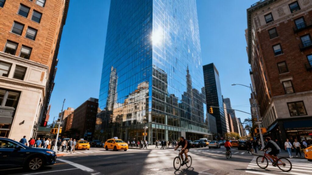 Manhattan skyscraper overlooking a busy city street.