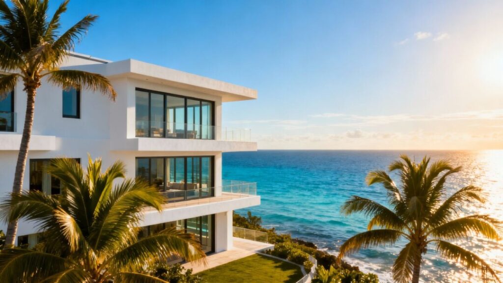 Florida coastline with upscale house and ocean view.