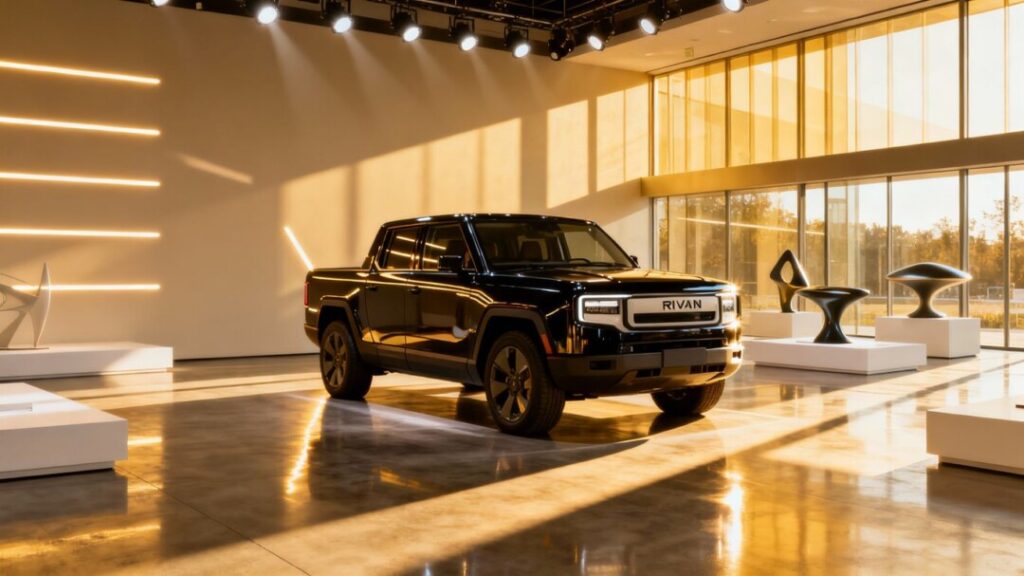Rivian electric vehicle in a modern Miami showroom.