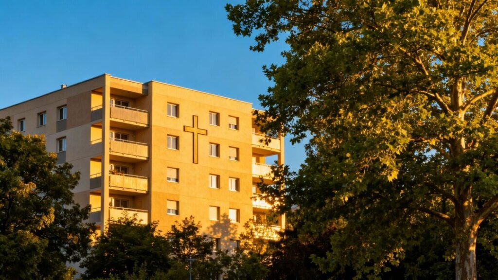 Modern housing complex with a subtle cross design.
