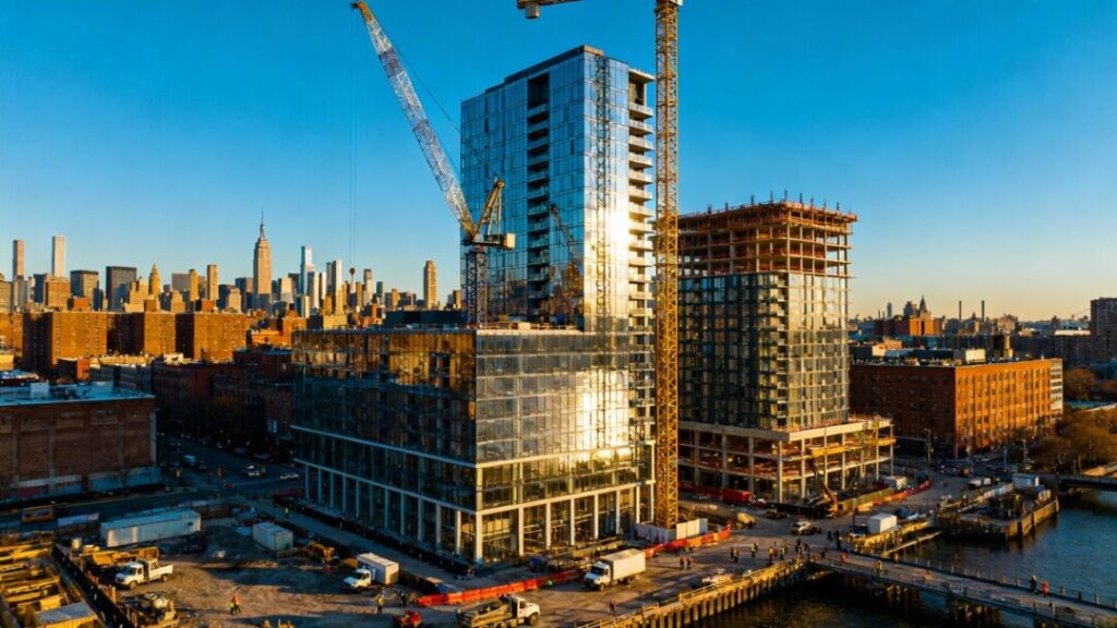 West Chelsea construction site with cranes and skyscrapers