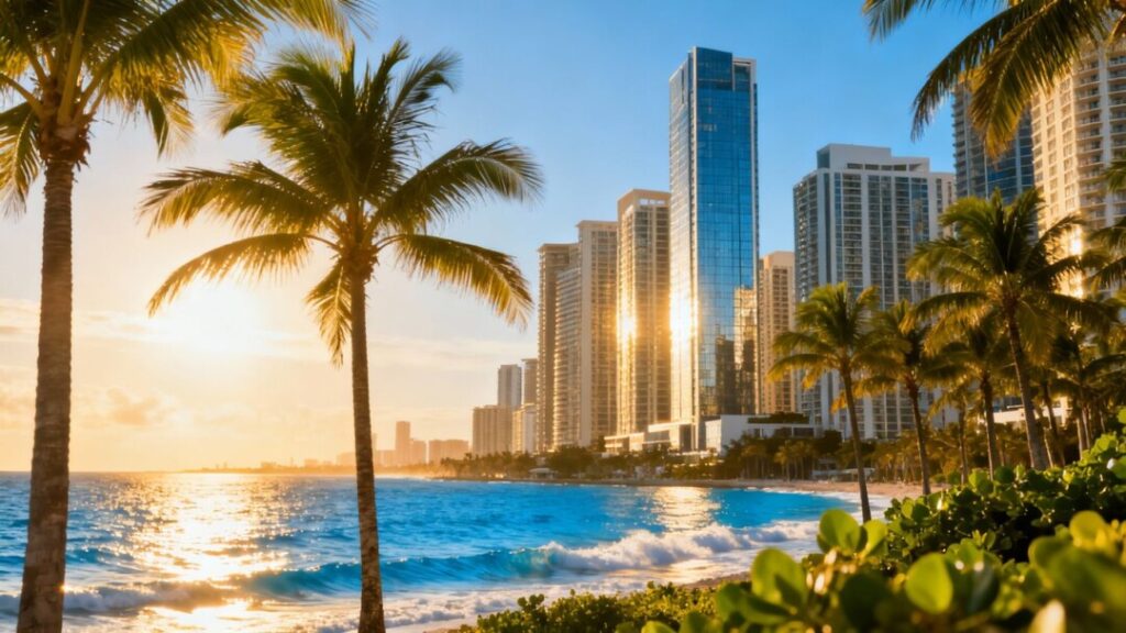 South Florida skyline with ocean and palm trees.