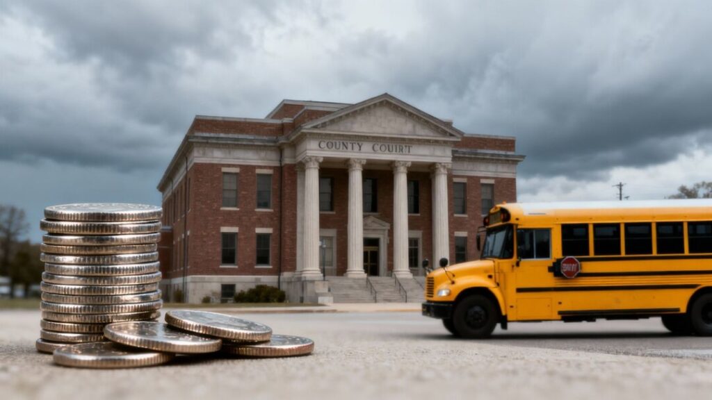 Hillsborough County Grapples With Property Tax Proposals Amidst Rising Costs and Teacher Raises County courthouse, coins, and school bus.