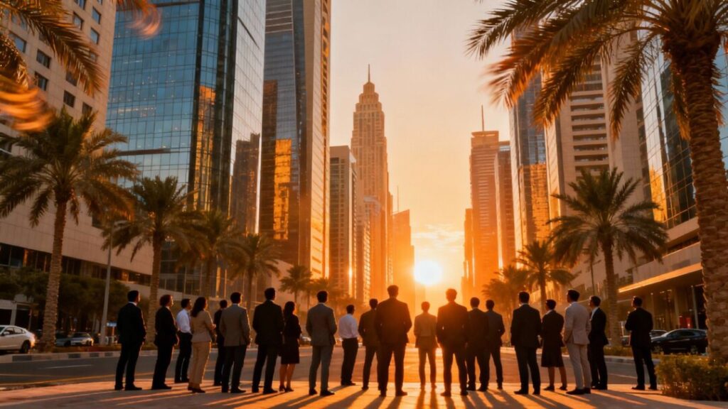 South Florida skyline with diverse investors at sunset.
