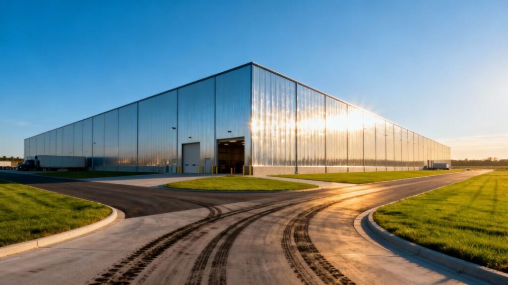 Industrial warehouse property with clear sky and sunlight.