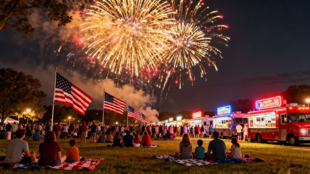 Fireworks burst over crowd celebrating Fourth of July.