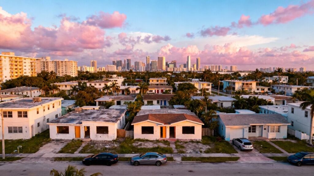 Miami skyline with houses and apartments.
