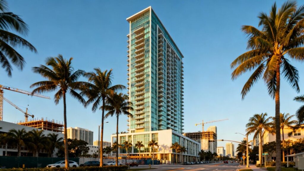 Modern condo tower in Miami with skyline view