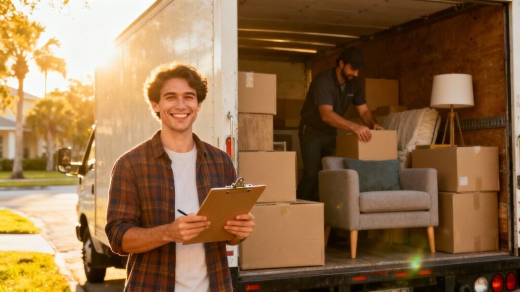 Happy resident with moving truck and boxes.