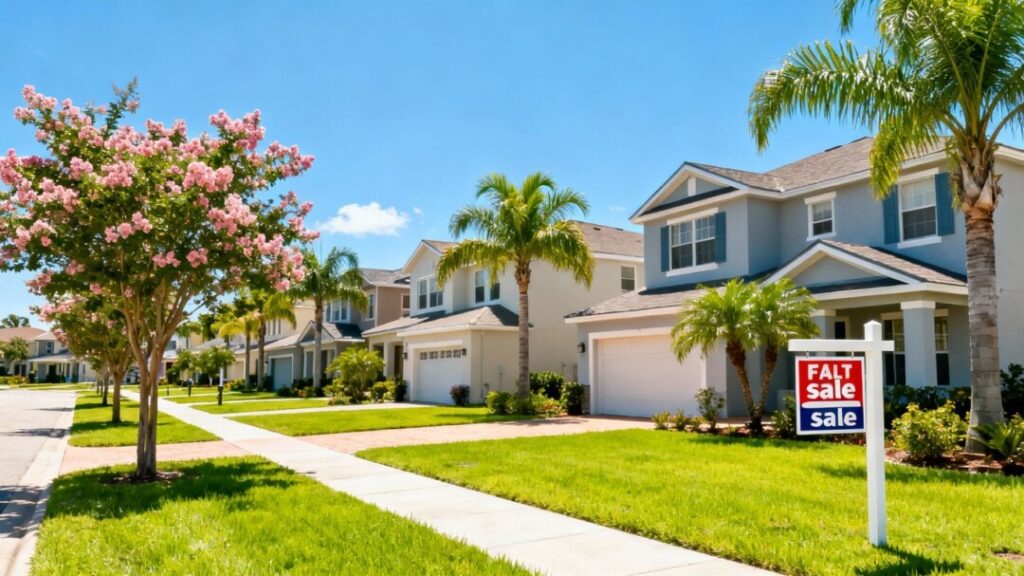 Florida suburban homes with for sale signs, sunny day