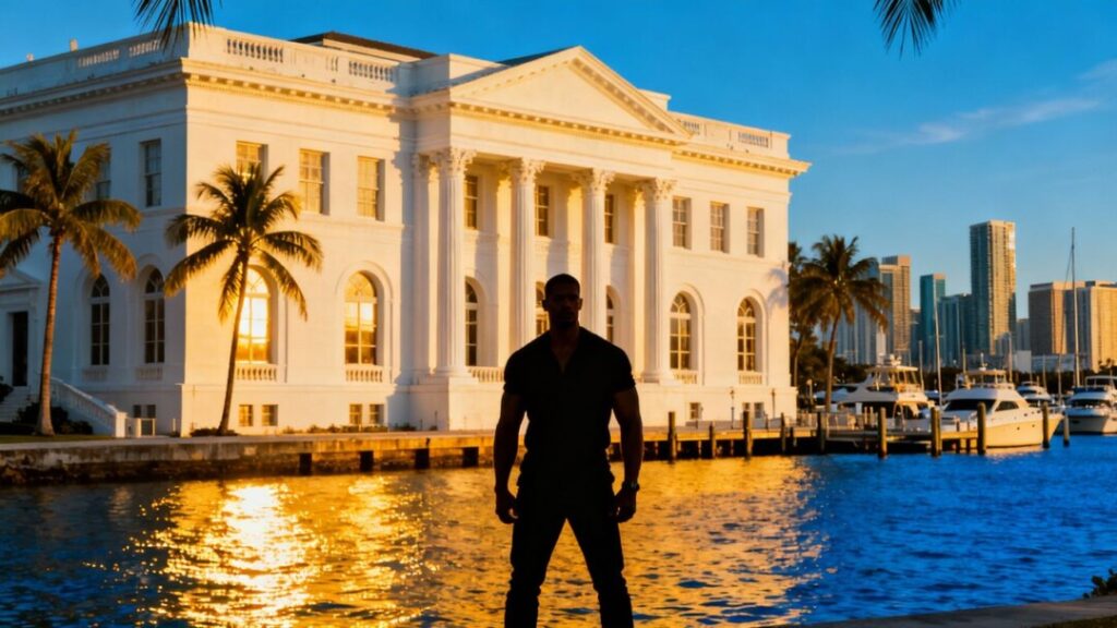 Donald Trump on Miami waterfront near grand building