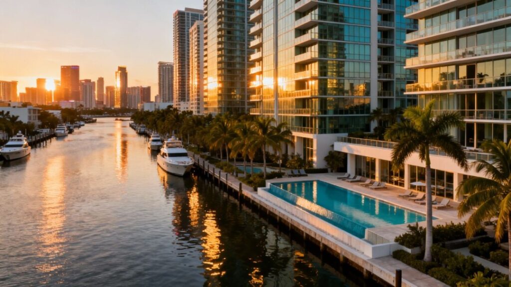 Miami River luxury high-rise apartments at sunset