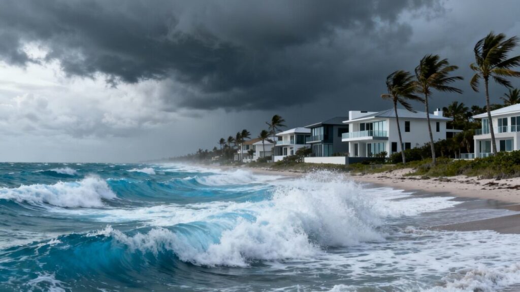 Storm clouds over Florida beach houses and palm trees.